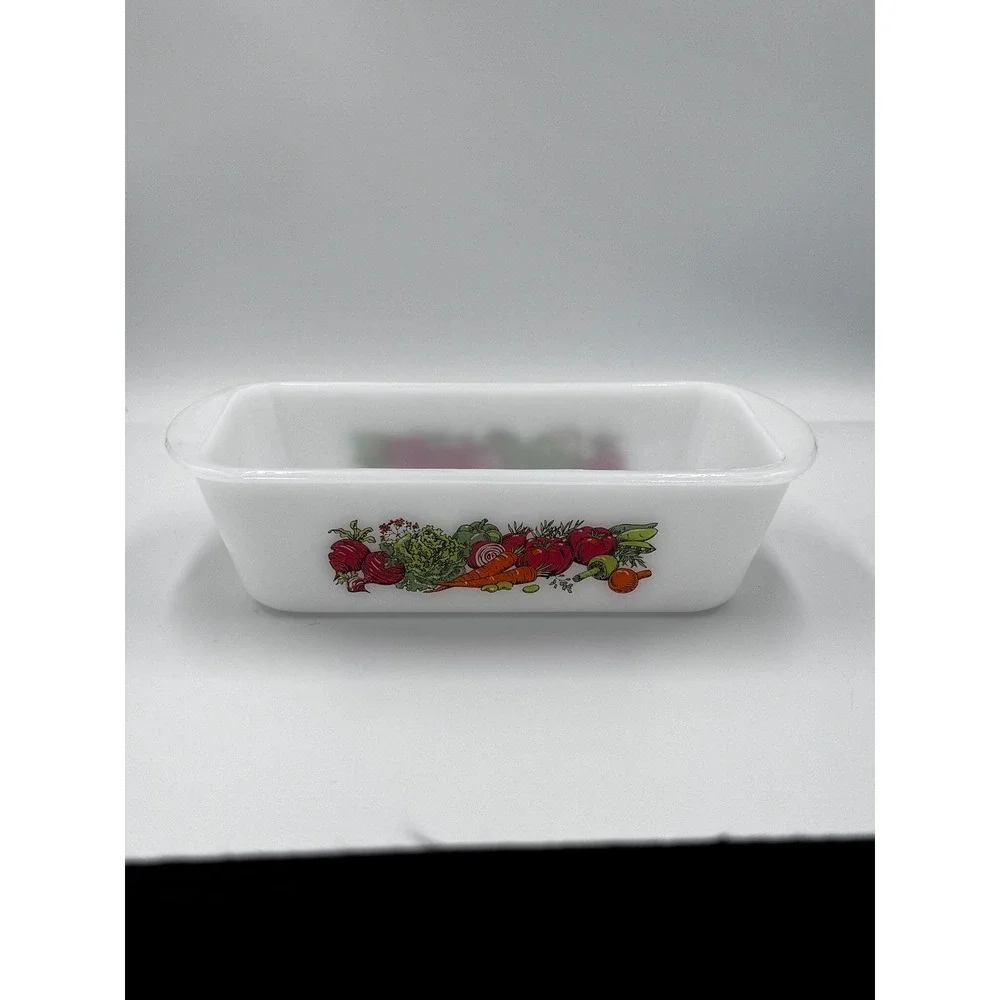 Vintage Glasbake Vegetable Pattern Loaf Pan Milk glass 1.5 Quart Made In USA